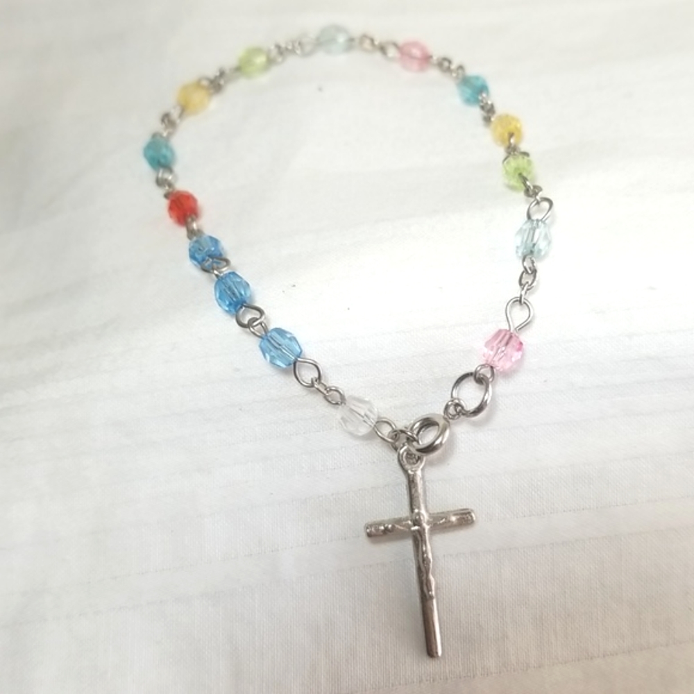 Silver Cross Crucifix Bead Religious Bracelet
